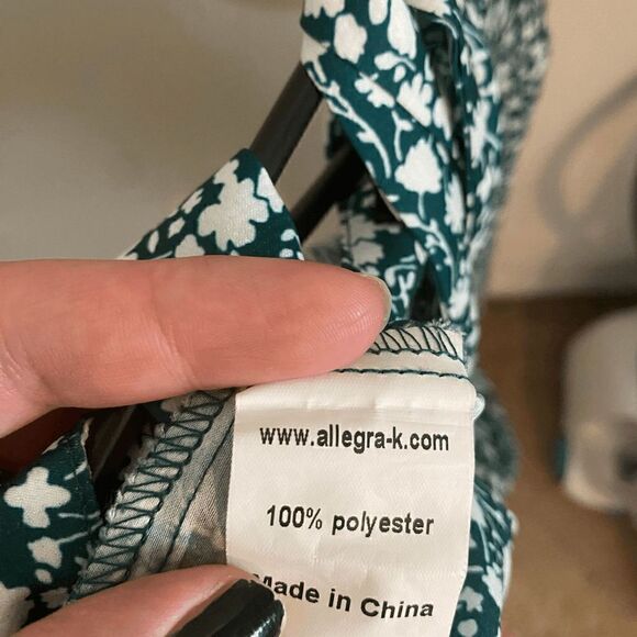 Like New Ruched Mock Neck White Floral Print Teal Midi Dress - Picture 4 of 11